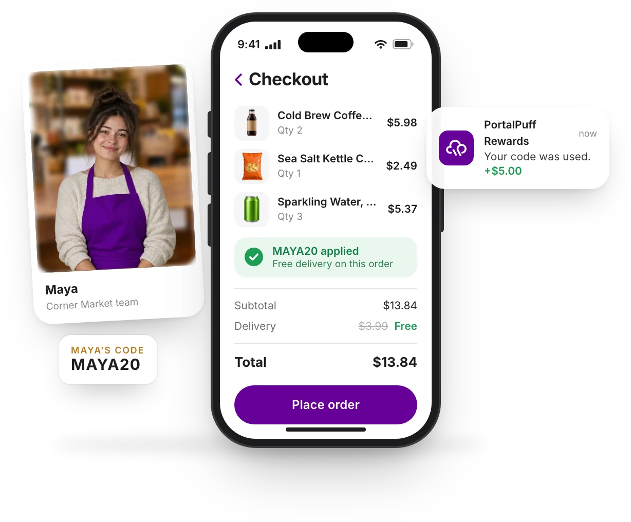 A customer's phone at checkout with free delivery from an employee's code, and the employee's notification that it earned them five dollars