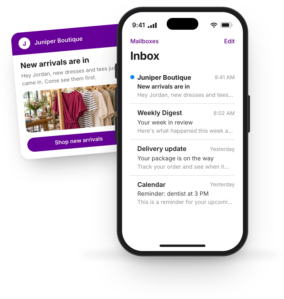 A customer's inbox with Juniper Boutique's new arrivals email at the top, and the email opened