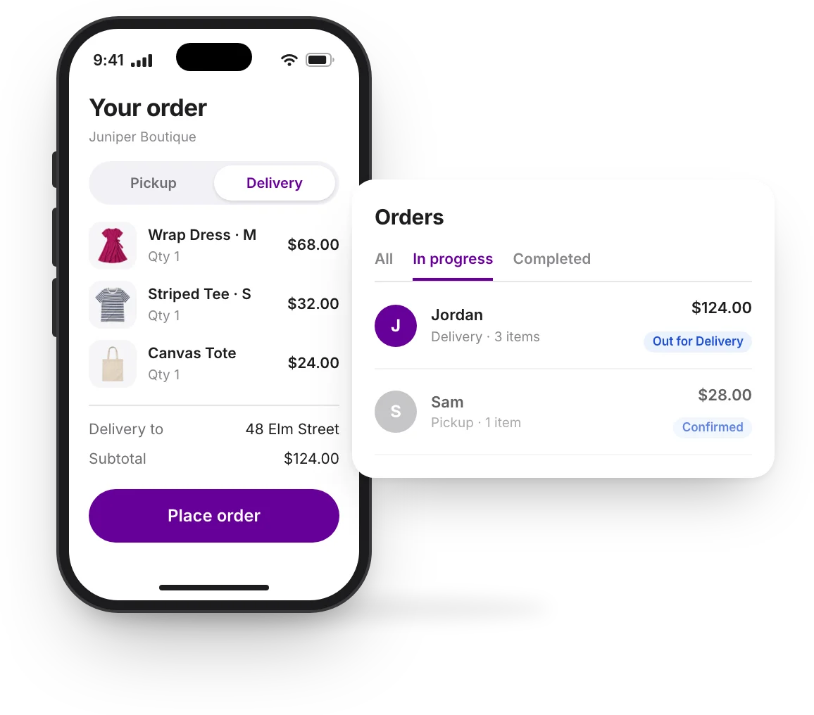 A customer's checkout at Juniper Boutique on a phone, and the order arriving in the store's Orders list