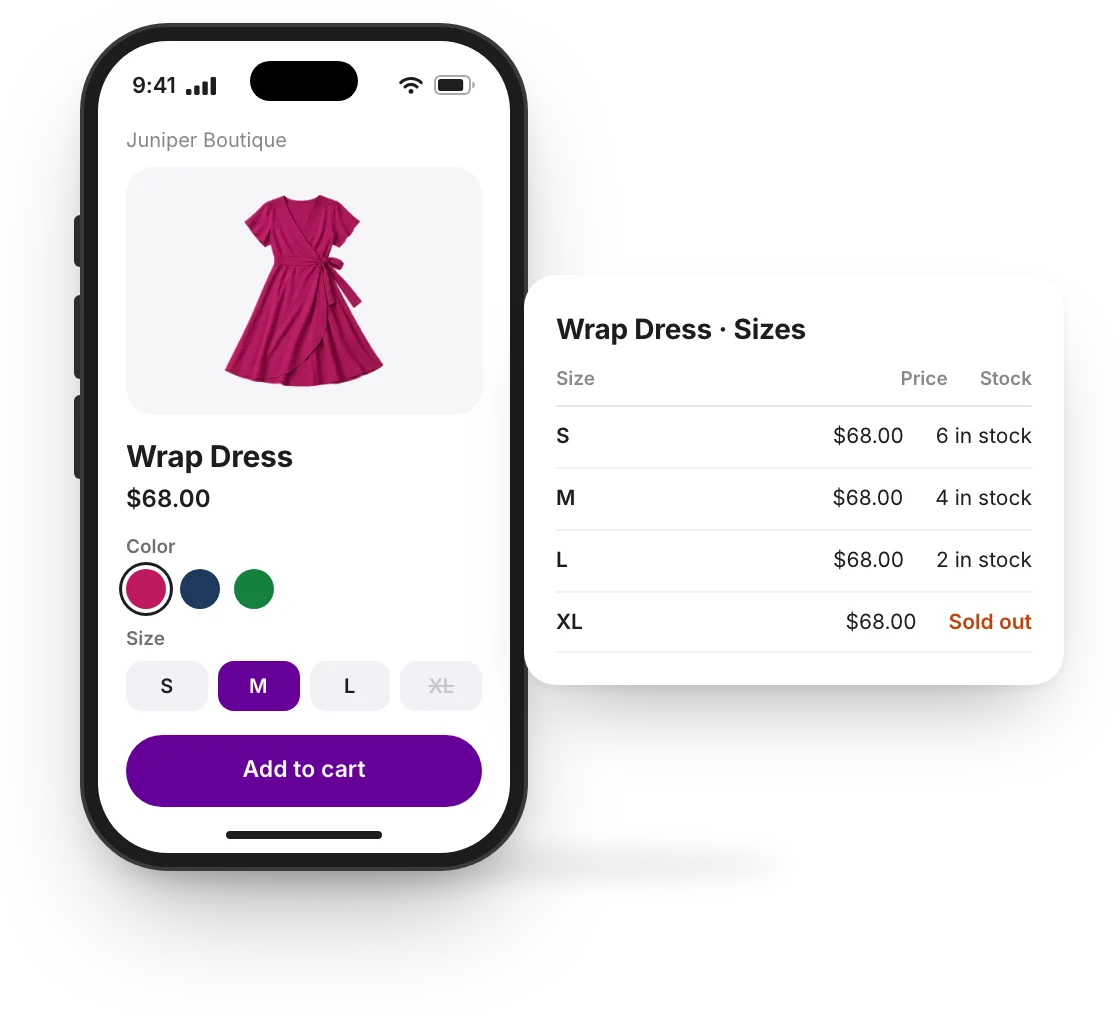 A wrap dress on Juniper Boutique's website with its colors and sizes, beside its sizes, prices and stock in the dashboard