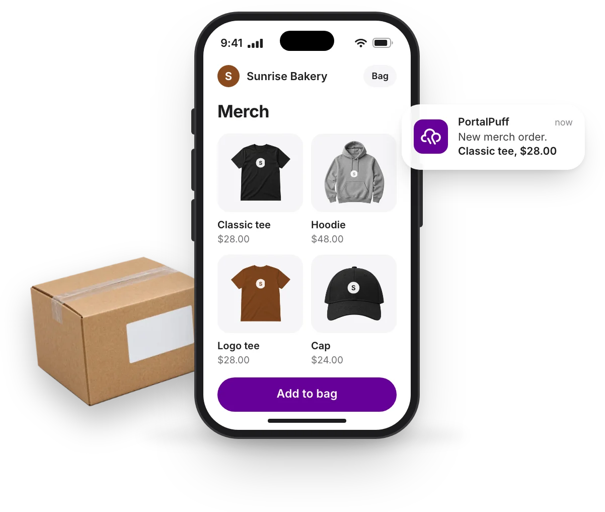 Sunrise Bakery's merch on a phone: tees, a hoodie and a cap with its logo, a new merch order and the parcel that ships it