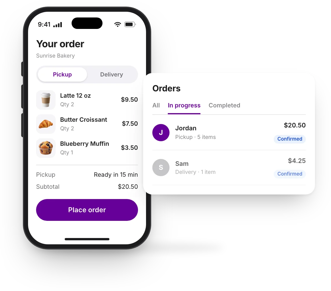 A customer's checkout at Sunrise Bakery on a phone, and the order arriving in the store's Orders list