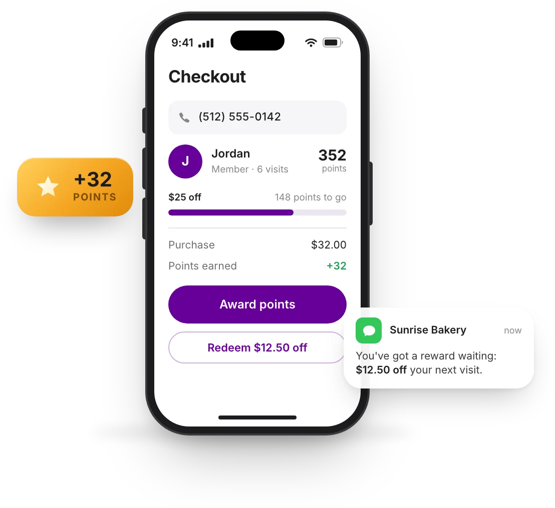 Sunrise Bakery's loyalty checkout on a phone awarding points to a member, with the member's reward text
