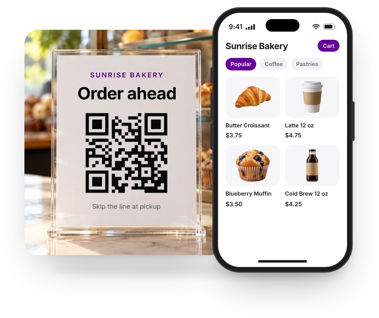 A Scan to order sign on Sunrise Bakery's counter, and the menu it opens on a phone