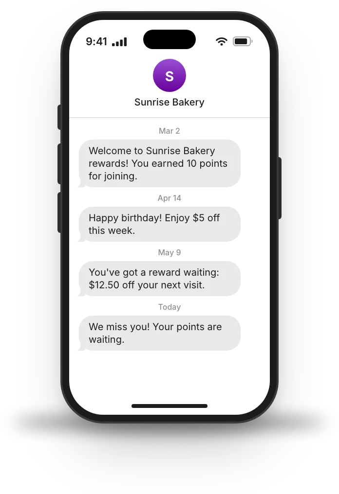 Sunrise Bakery's texts to a rewards member: welcome, birthday, reward ready and we miss you