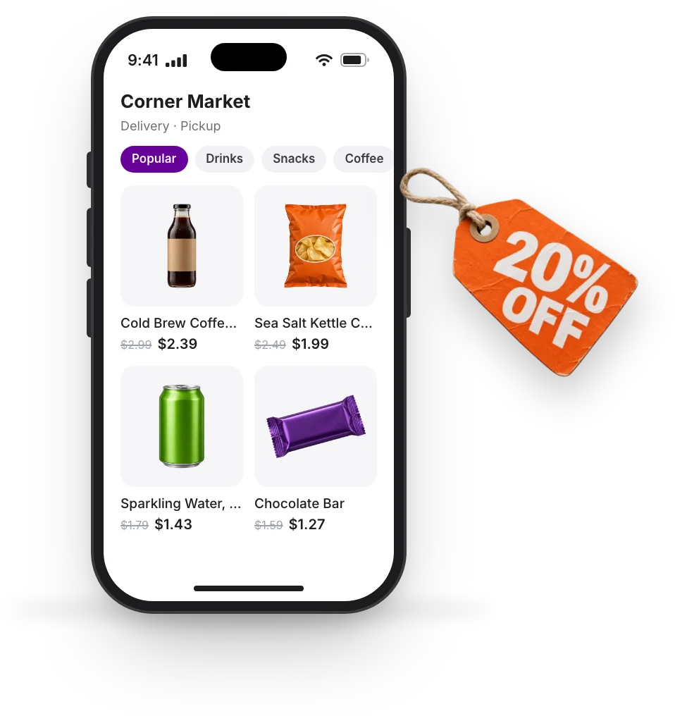 The store's menu on a phone with sale prices and the old prices crossed out