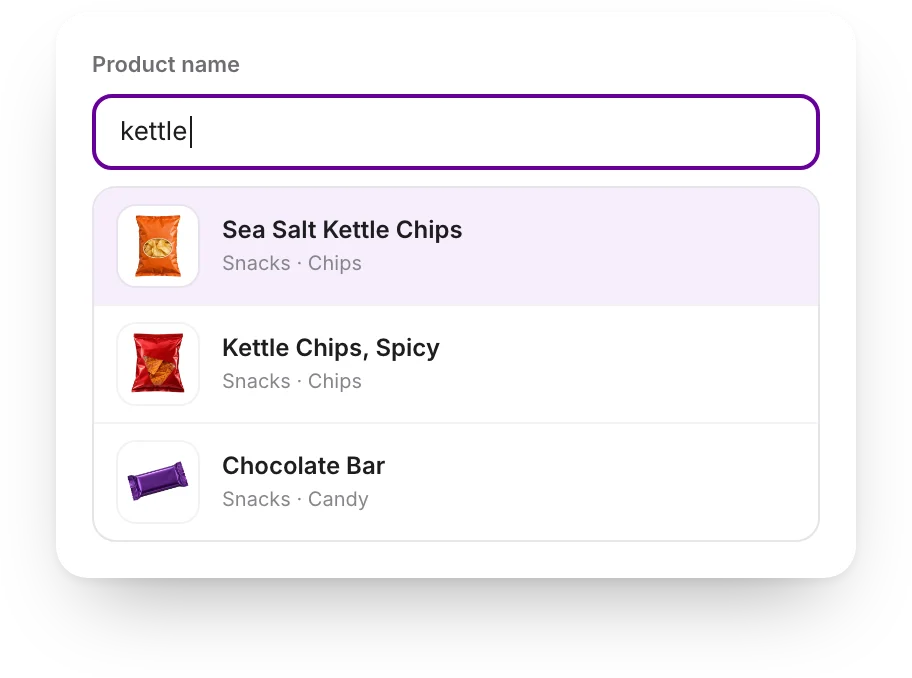Typing kettle into the product name and picking Sea Salt Kettle Chips from the catalog
