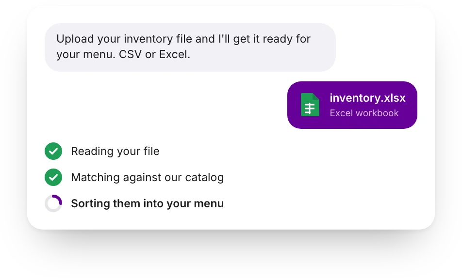 An inventory spreadsheet uploaded, read, matched against the catalog and sorted into the menu