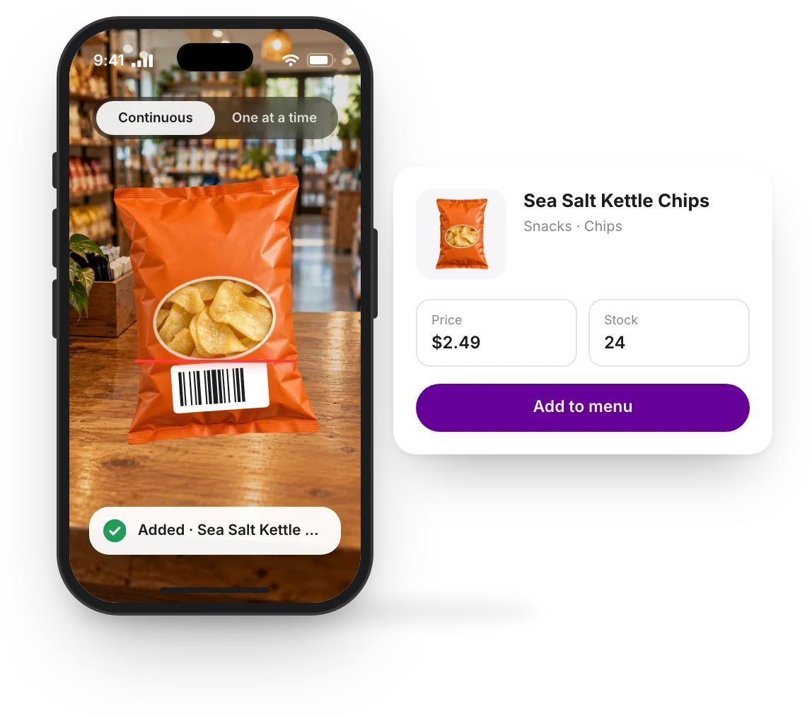 A phone camera scanning a bag of chips, and the product filled in with its photo, name, category and price
