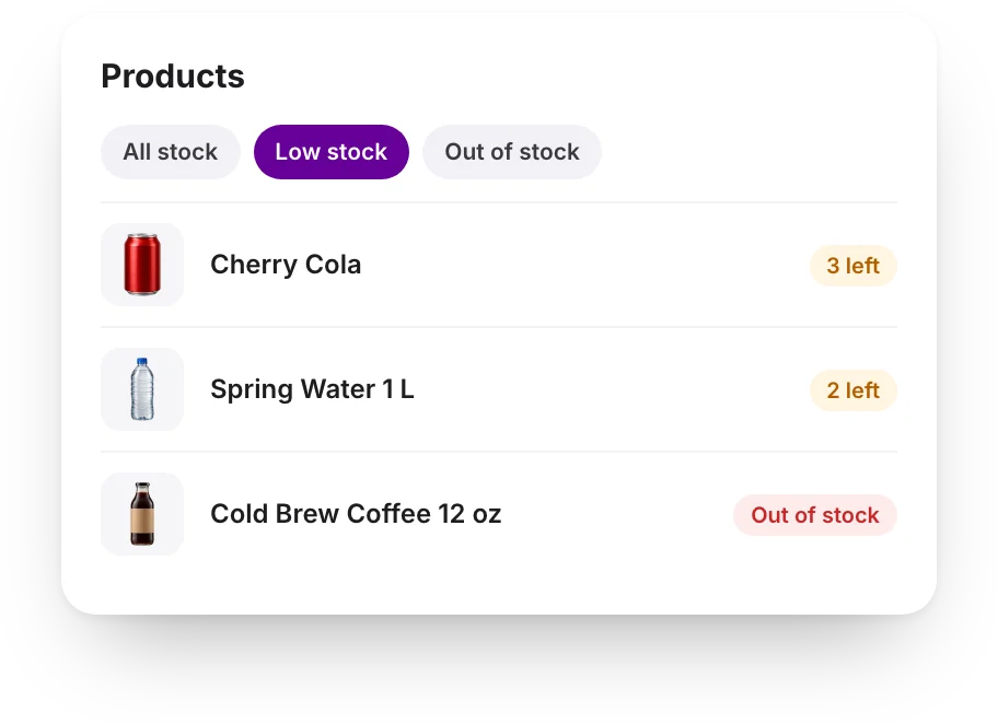 The products list filtered to low and out of stock items