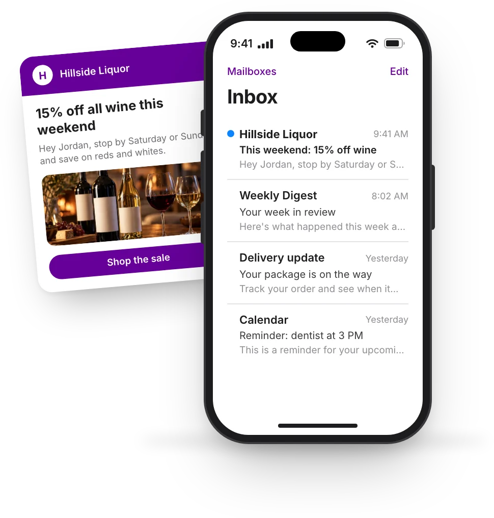 A customer's inbox with Hillside Liquor's weekend wine sale email at the top, and the email opened