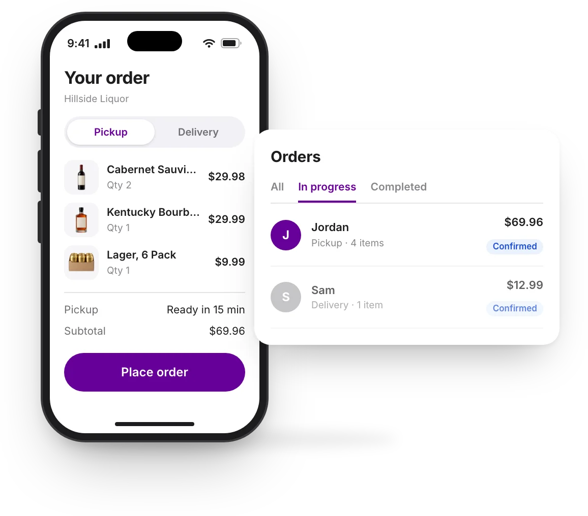 A customer's checkout at Hillside Liquor on a phone, and the order arriving in the store's Orders list