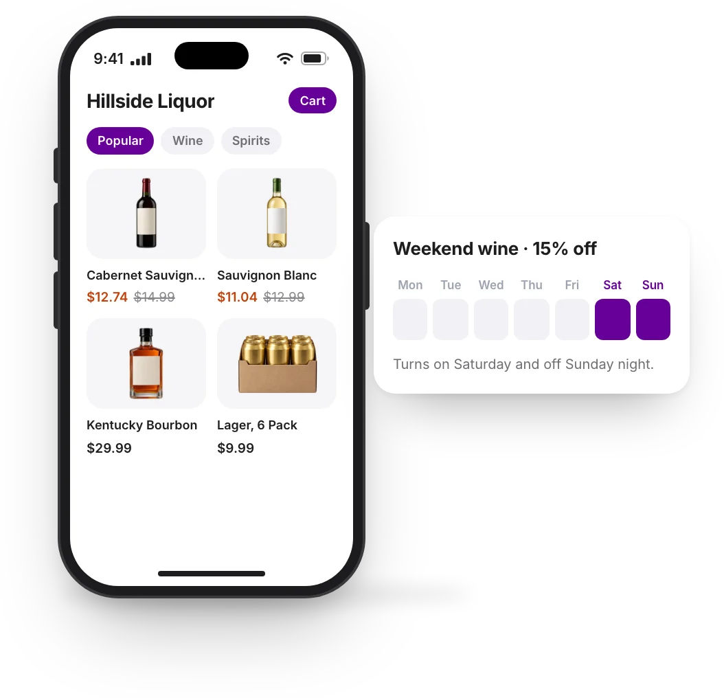Hillside Liquor's menu on a phone with the wine 15% off this weekend, the old prices crossed out