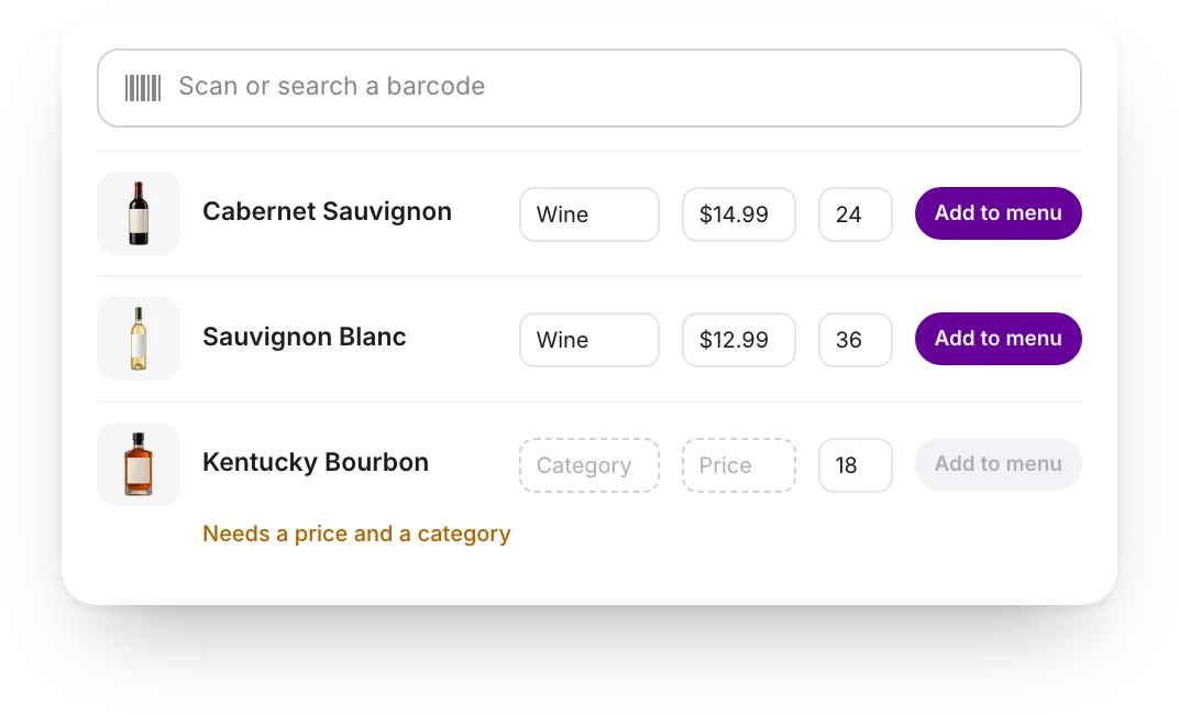 Scanned bottles in a list with category, price and stock, ready to add to the menu