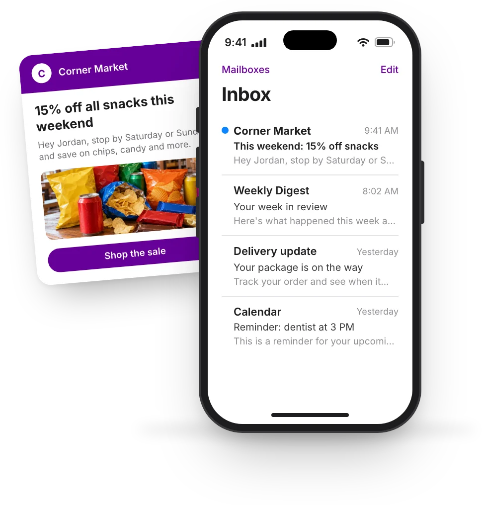 A customer's email inbox with the store's deal email at the top, and the email opened