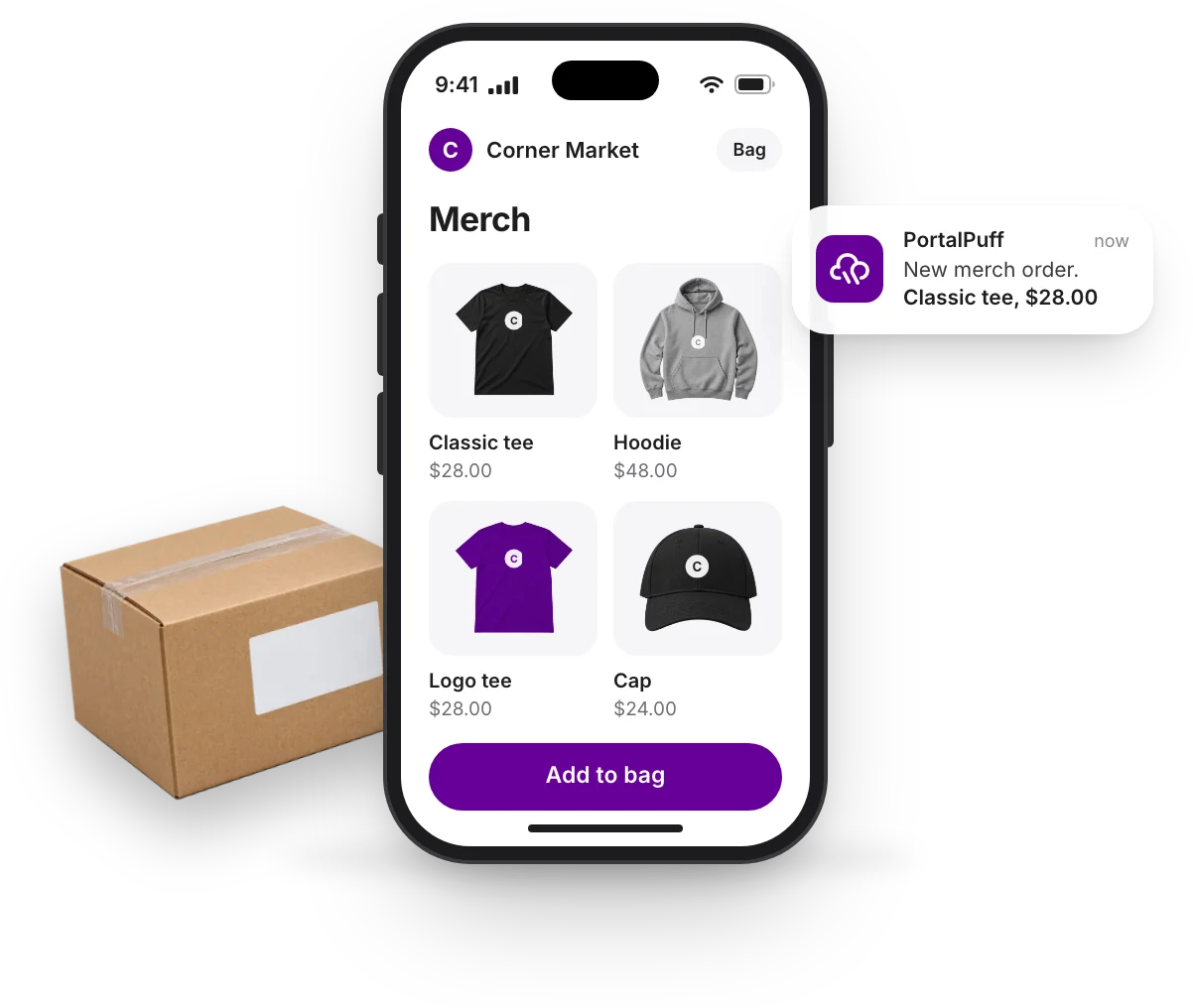 The store's merch page on a phone with tees, a hoodie and a cap, a shipping box, and a new merch order notification
