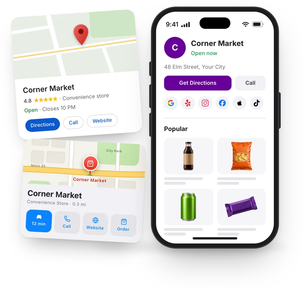 Corner Market's Google Maps listing and its Apple Maps place card with an Order button, beside its store page on a phone