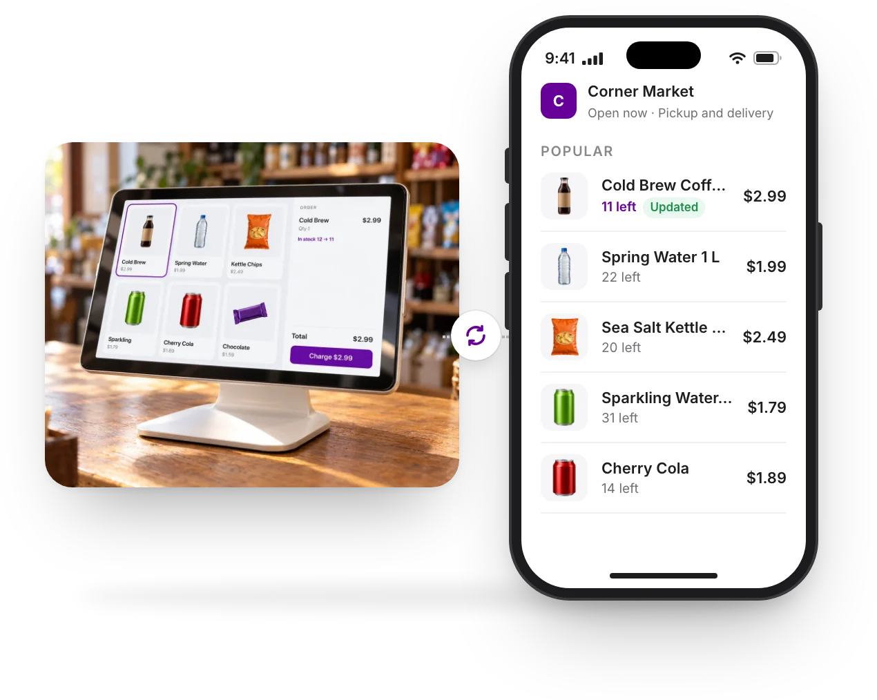 A store's register and its online menu on a phone, kept in step