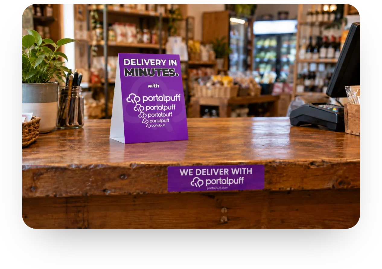 A We deliver with PortalPuff sticker and a Delivery in minutes card on a shop counter