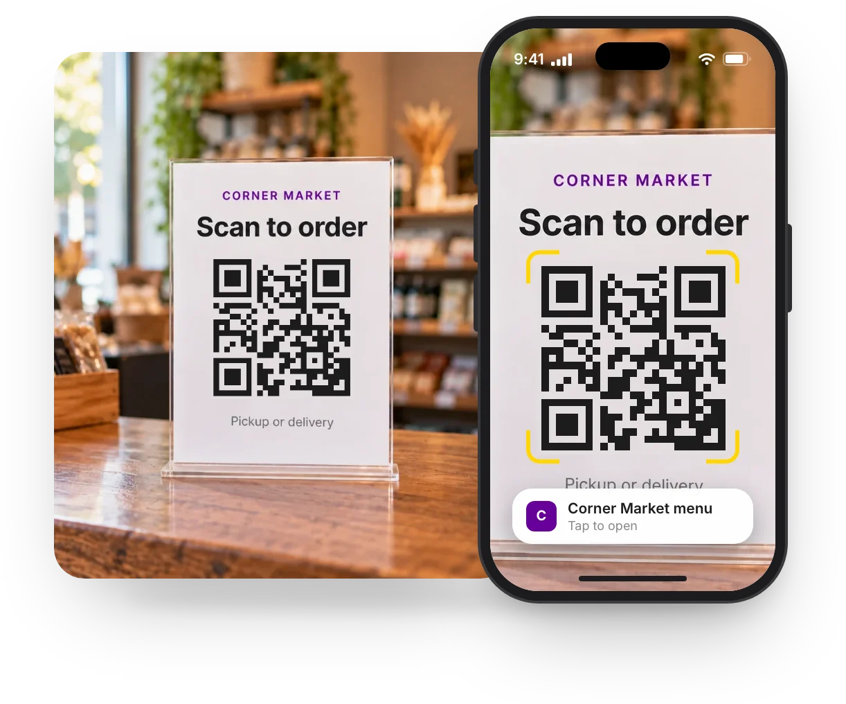 A phone camera scanning a QR code on a counter sign, ready to open the store's menu
