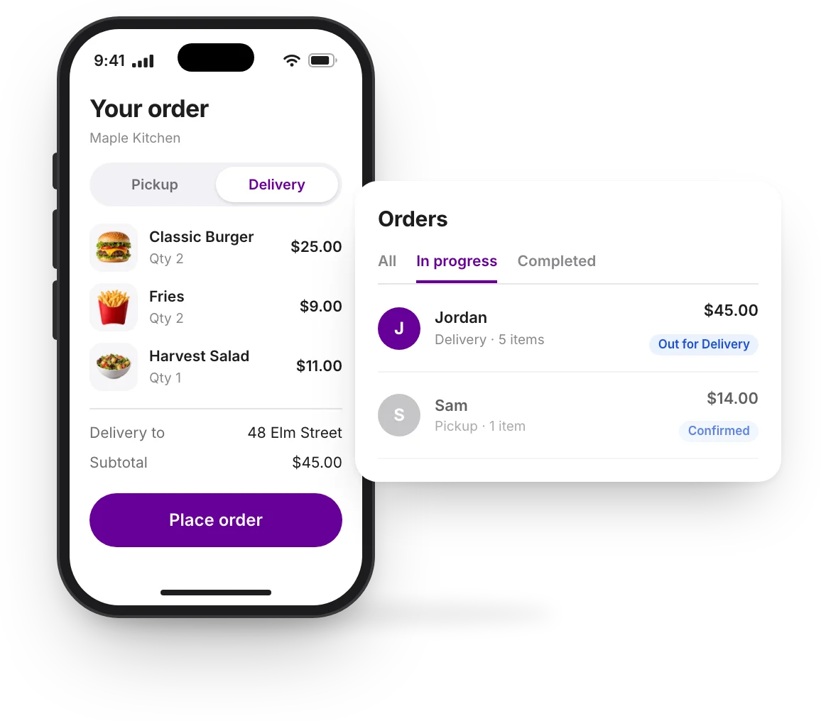 A customer's checkout at Maple Kitchen on a phone, and the order arriving in the store's Orders list