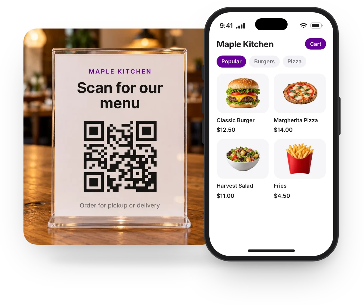 A Scan for our menu sign at Maple Kitchen, and the menu it opens on a phone