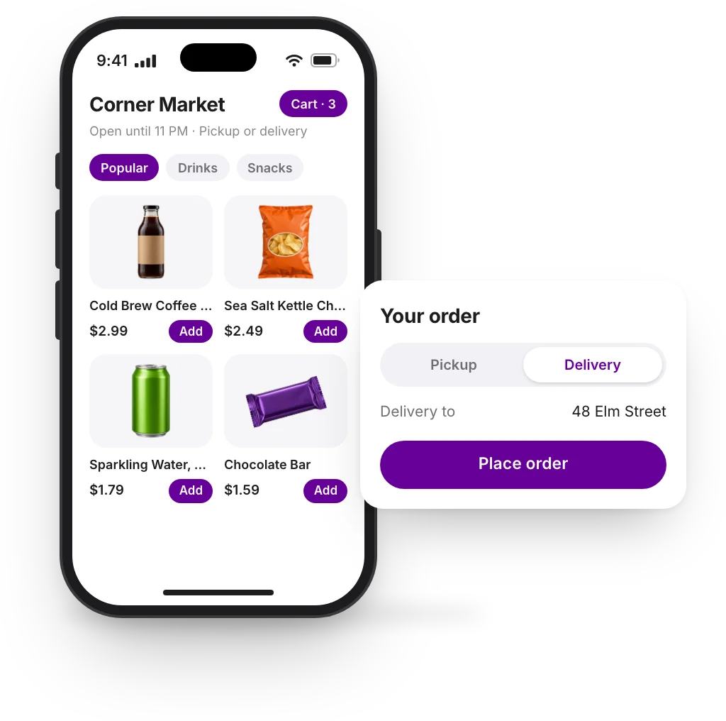 A store's own website on a phone with its menu, Add buttons and cart, beside the checkout's pickup and delivery choice