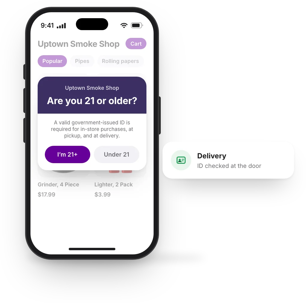Uptown Smoke Shop's website on a phone asking Are you 21 or older, beside a delivery card noting ID is checked at the door