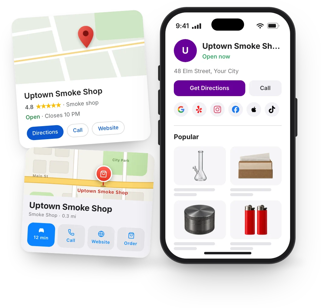 Uptown Smoke Shop's Google Maps listing and its Apple Maps place card with an Order button, beside its store page on a phone