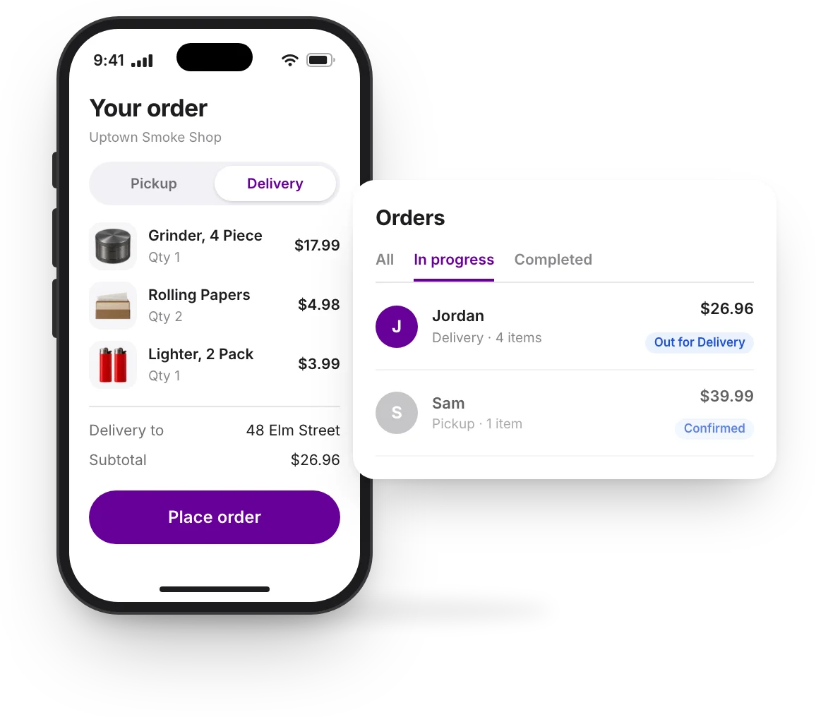 A customer's checkout at Uptown Smoke Shop on a phone, and the order arriving in the store's Orders list