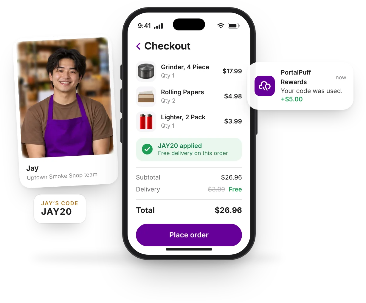 A customer's checkout at Uptown Smoke Shop with free delivery from an employee's code, and the employee's notification that it earned them five dollars