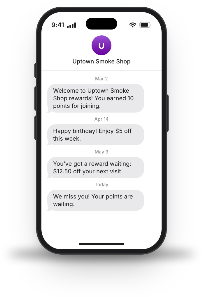 Uptown Smoke Shop's texts to a rewards member: welcome, birthday, reward ready and we miss you