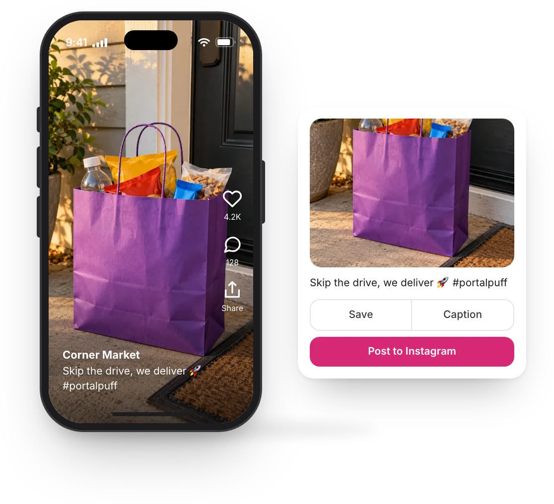 A ready-to-post delivery video on a phone with its caption, and the kit's card with Save, Caption and Post to Instagram buttons