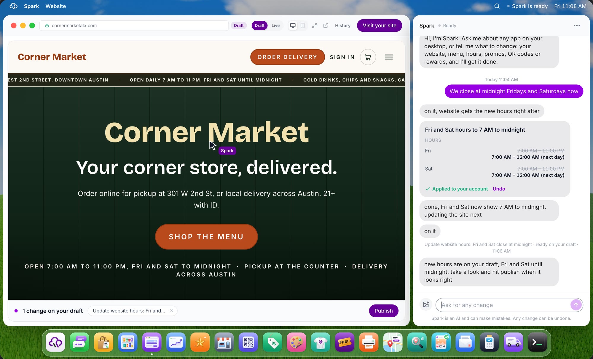 Spark's computer for a sample store: the store's website with Friday and Saturday now open until midnight, ready to publish, beside Spark's chat and its change card showing the hours before and after